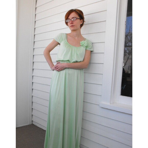 Light Pastel Green Dress Maxi Formal Mint Vintage 70s Spring S XS - Picture 6 of 7
